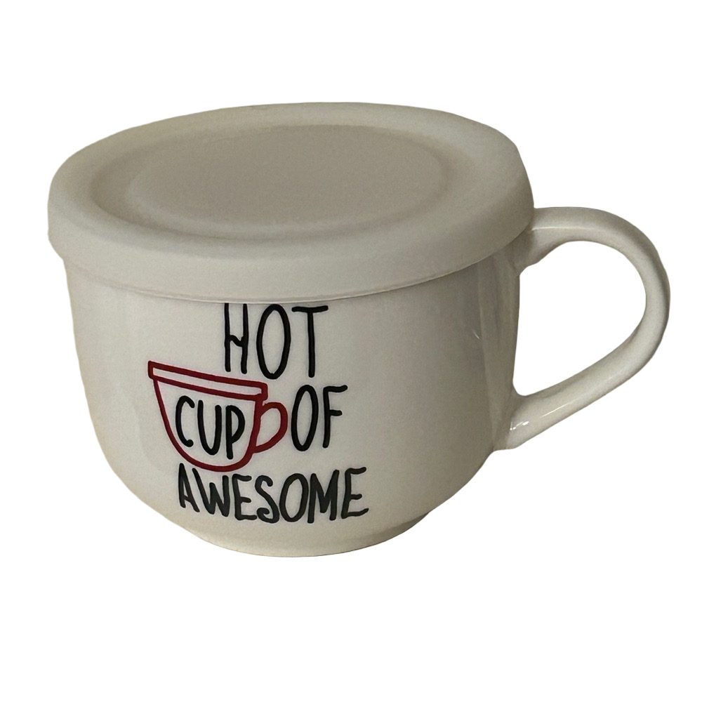 White Coffee Mug Red + Black Text HOT CUP OF AWESOME New With Tag Silicone Lid
